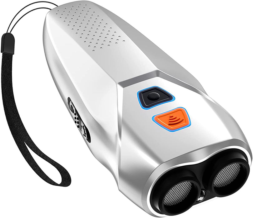 Silver USB Rechargeable Dual-Head Ultrasonic Dog Repeller - High-Power Anti-Bark Device, 142x95x41mm, 140.6g
