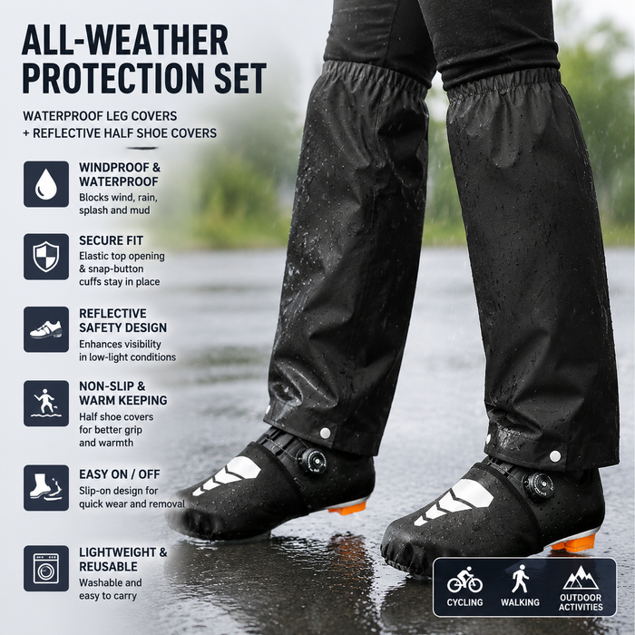 Black Waterproof Windproof Cycling Shoe Covers & Long Half Rain Pants Set – 2 Pairs Nonslip Reflective Half Toe Shoe Covers and 1 Pair Quick Pull-On Adjustable Leg Covers for Commuting, Hiking and Outdoor Riding