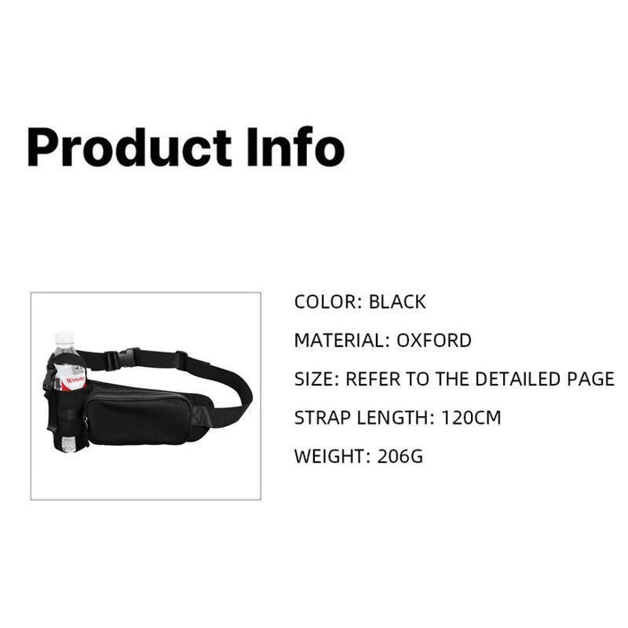 Black Waterproof Sports Waist Bag with Water Bottle Holder - Lightweight Oxford Fabric, Multi-Pocket Design for Running, Gym and Outdoor Activities