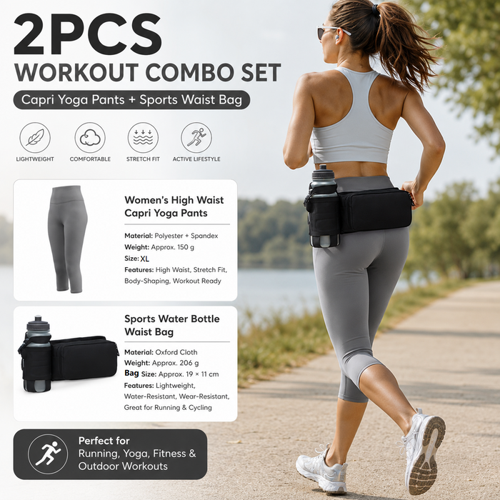 Winter Fitness Bundle - Grey XL size Women's High Waist 3/4 Yoga Leggings with Peach Hip Lift and Black Waterproof Sports Waist Bag with Bottle Holder for Running Gym and Outdoor Activities