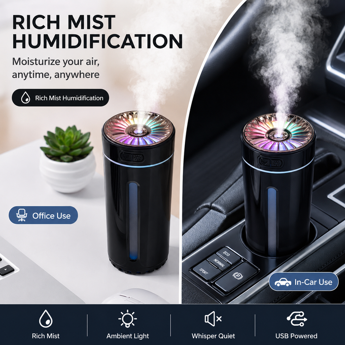 Pink USB Rechargeable Car Aroma Diffuser Humidifier with Ambient Light, 300ml Portable Mist Air Freshener for Vehicle Office Home