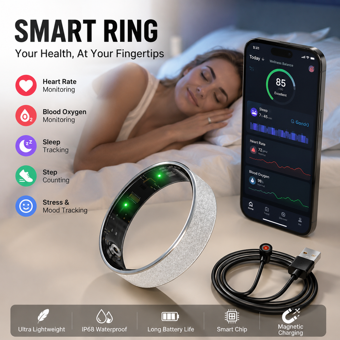 Smart Ring Size 12 (Silver) – Frosted Silver Wellness Tracker with Heart Rate, Blood Oxygen, Sleep, Steps and Mood Monitoring, IP68 Waterproof USB Magnetic Charging Ring