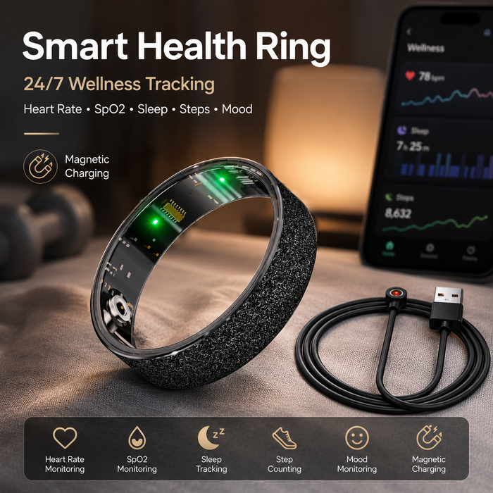 Smart Ring Size 12 (Black) – Frosted Black Wellness Tracker with Heart Rate, Blood Oxygen, Sleep, Steps and Mood Monitoring, IP68 Waterproof USB Magnetic Charging Ring
