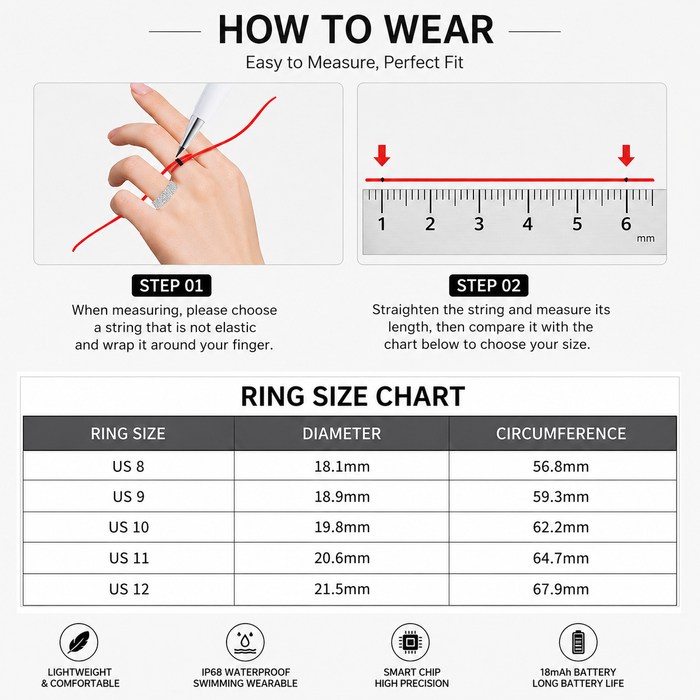 Smart Ring Size 12 (Black) – Frosted Black Wellness Tracker with Heart Rate, Blood Oxygen, Sleep, Steps and Mood Monitoring, IP68 Waterproof USB Magnetic Charging Ring
