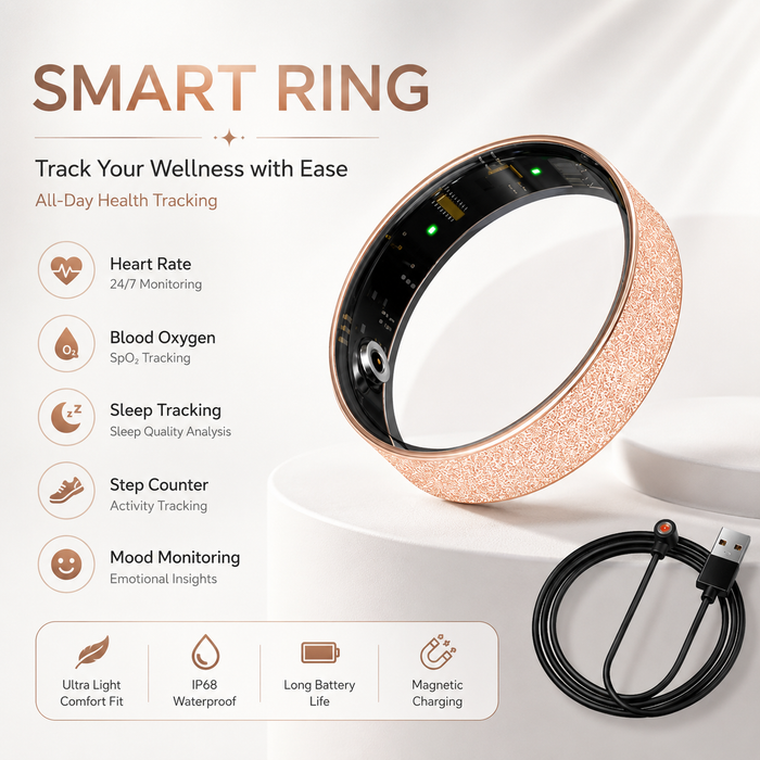 Smart Ring Size 10 (Rose Gold) – Frosted Rose Gold Wellness Tracker with Heart Rate, Blood Oxygen, Sleep, Steps and Mood Monitoring, IP68 Waterproof USB Magnetic Charging Ring