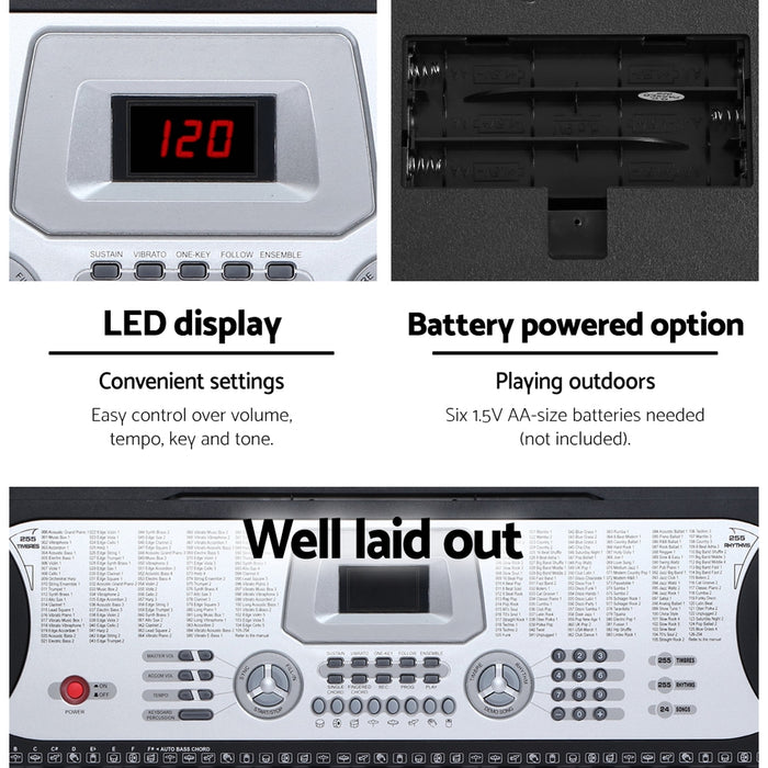 Alpha 61 Keys Electronic Piano Keyboard LED Electric Silver with Music Stand for Beginner