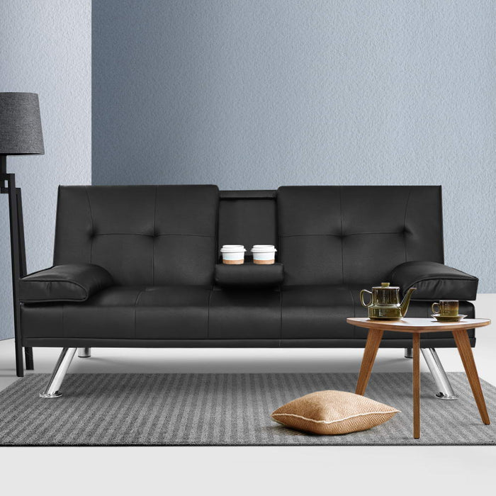 Artiss Sofa Bed Lounge Futon Couch 3 Seater Leather Cup Holder Recliner