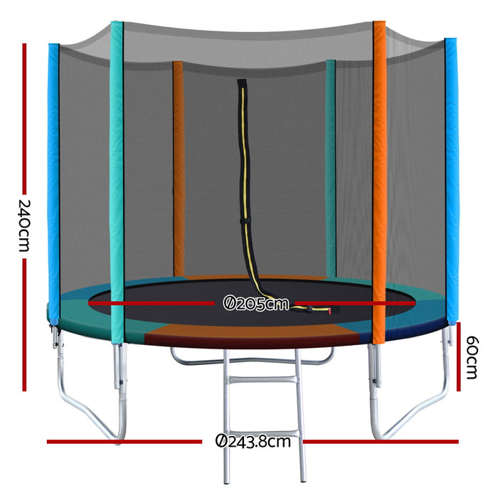 8FT Trampoline Round Trampolines Kids Safety Net Enclosure Pad Outdoor Gift Multi-coloured