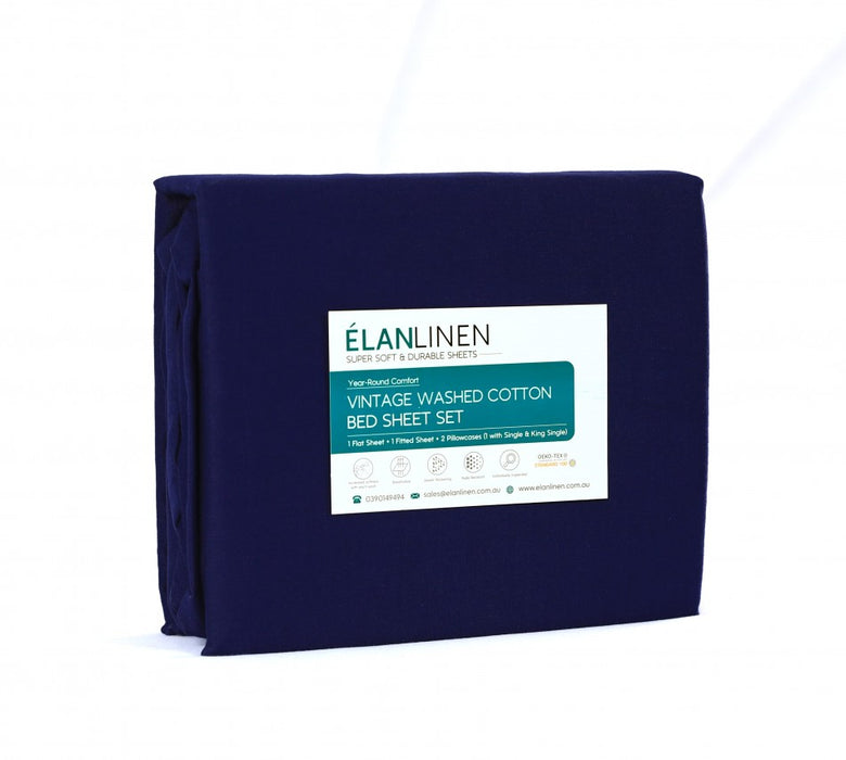 Elan Linen 100% Egyptian Cotton Vintage Washed 500TC Navy Blue Single Bed Sheets Set