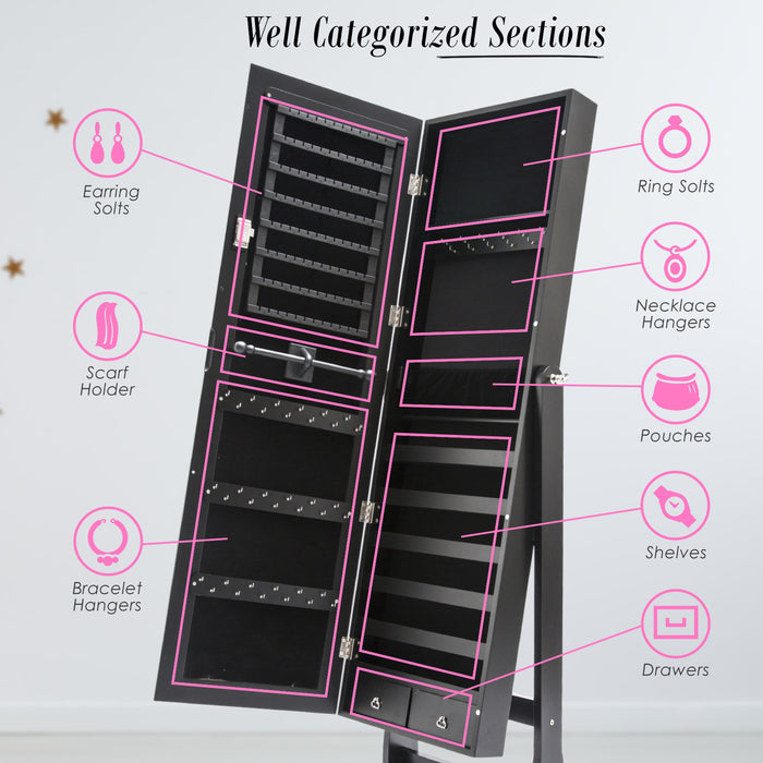 La Bella Black Mirror Jewellery Cabinet LOWE 146cm Organiser 2 Drawers