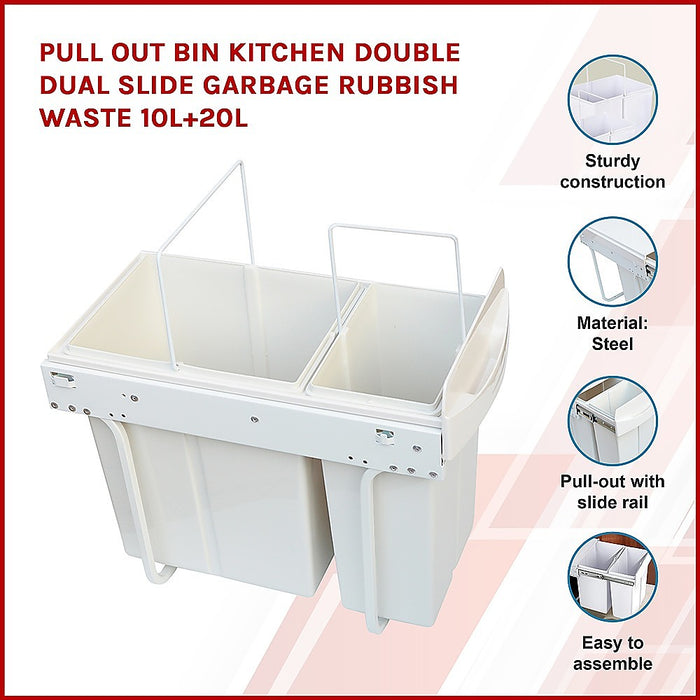 Pull Out Bin Kitchen Double Dual Slide Garbage Rubbish Waste 10L+20L